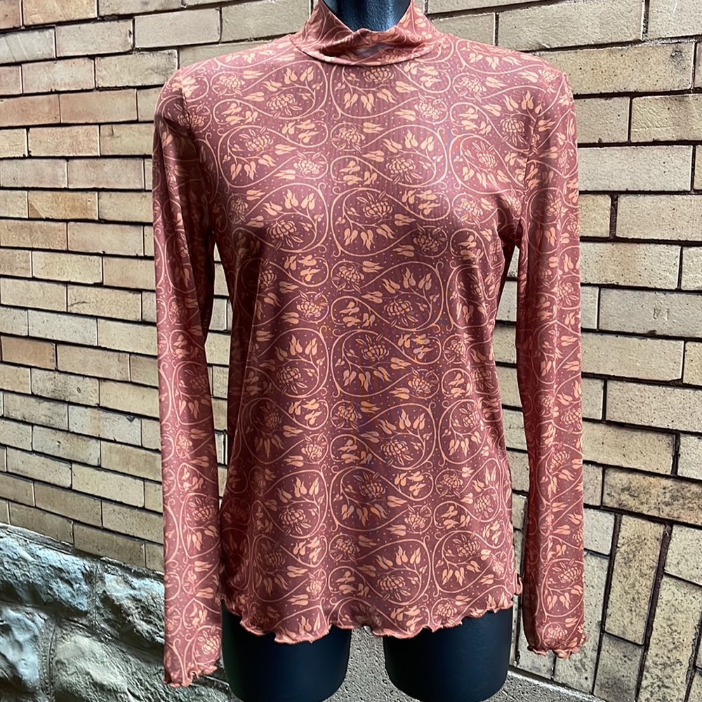 Yest Rust Lettuce Hem & Mock Neck Sheer Retro Mesh Top Size 6